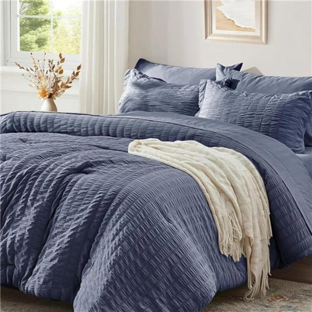 New Full Comforter Set 7 pieces, Greyish Blue Seersucker Bedding Set